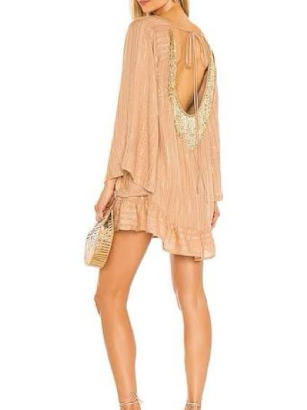 Revolve Sundress Open-Back Ruffle Mini Dress in Beige with Sequin Trim sz M/L